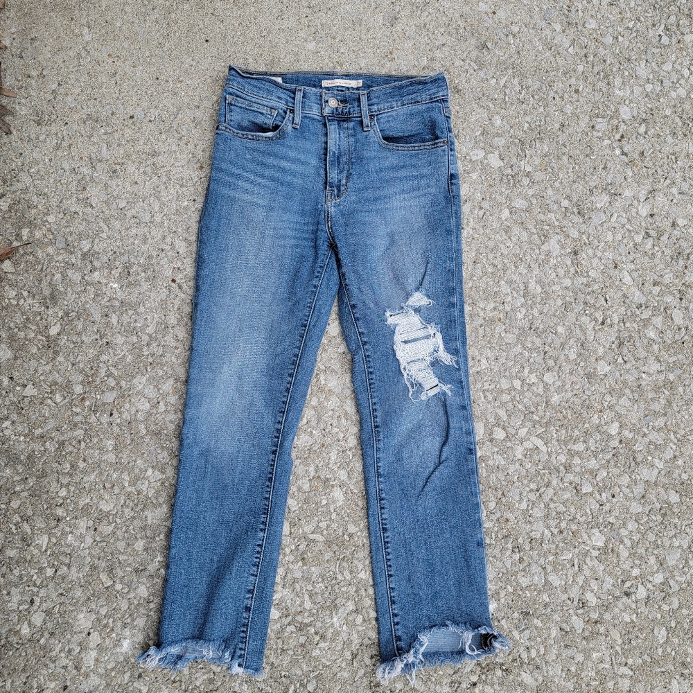 Levi's 724 High Rise Straight Crop Raw Hem Destruct Medium Wash 27